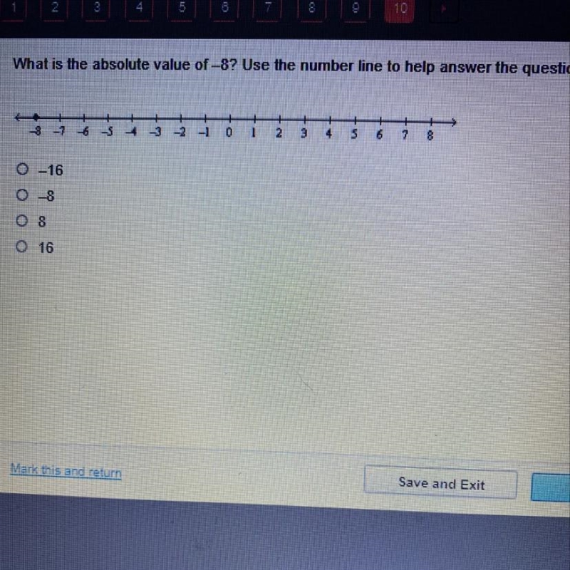 What is the absolute value of -8? Use the number line to help answer the question-example-1