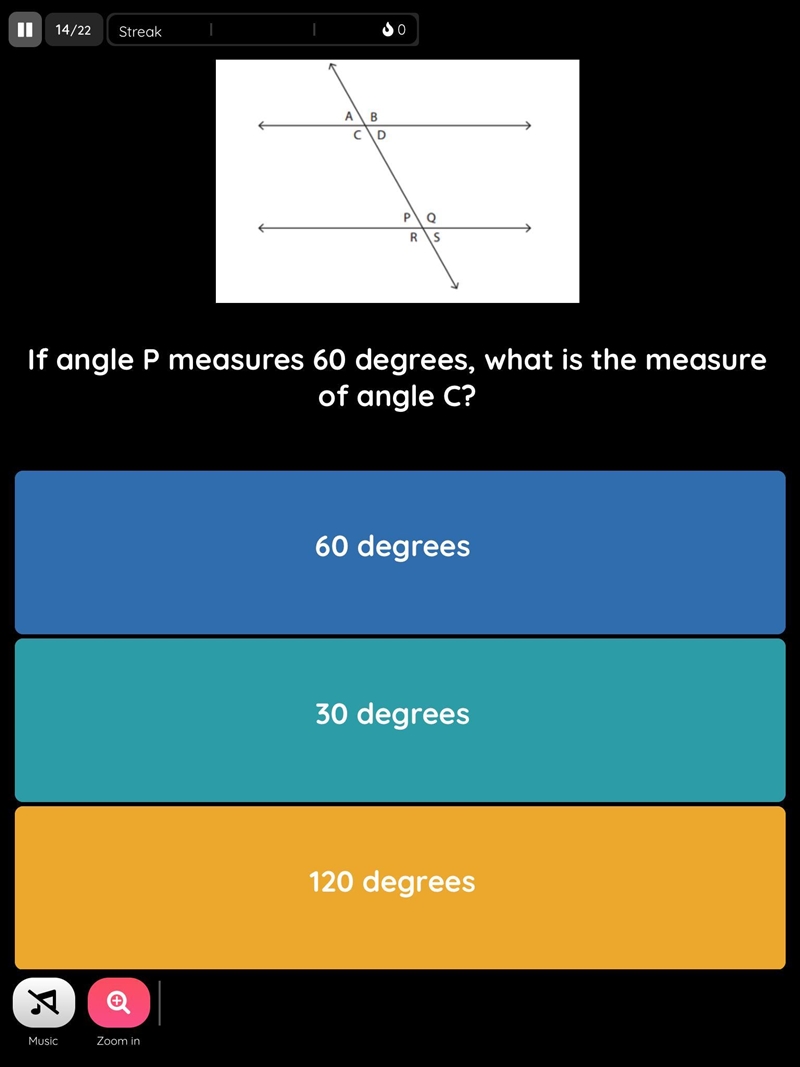 If angle P measures 60 degrees , what is the measure of angle c?-example-1