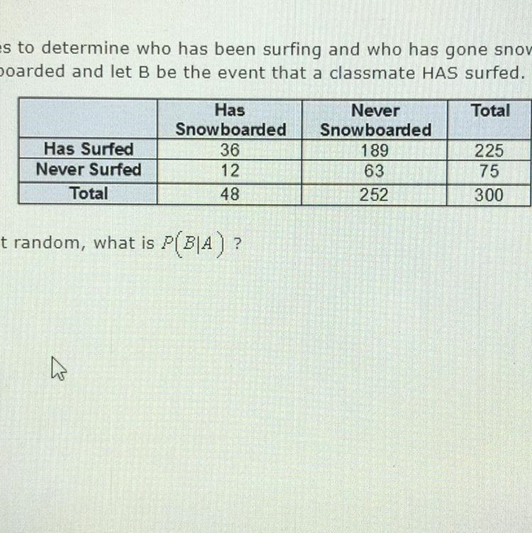 Alex surveyed his classmates to determine who has been surfing and who has been snowboarding-example-1