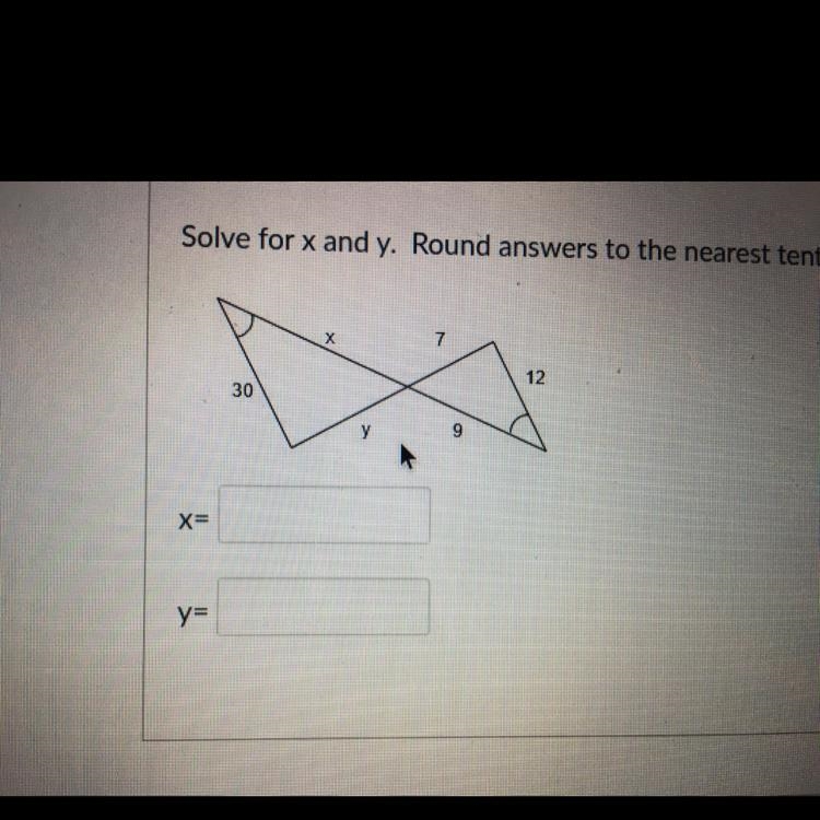 Solve for x and y. Round answers to the nearest tenth.-example-1