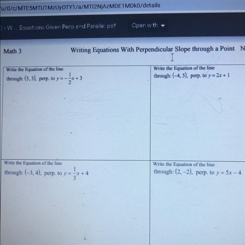 Write the equation of the line through (5,3) prep to y=1/2x+3-example-1