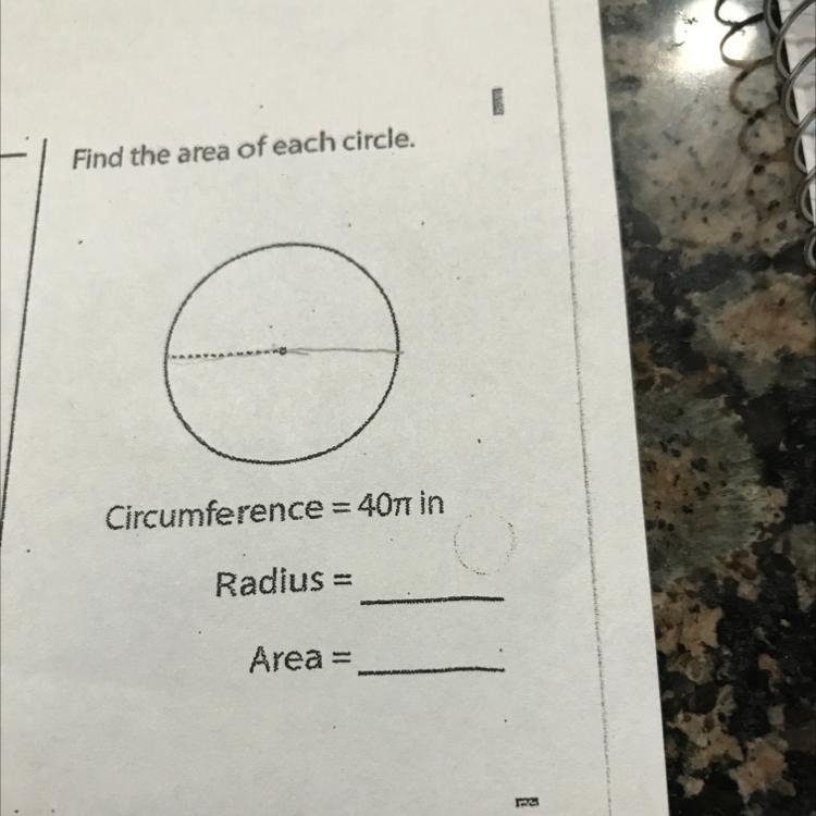 Find the area of each circle. Circumference = 407 in Radius = Area = Help pls ASAP-example-1