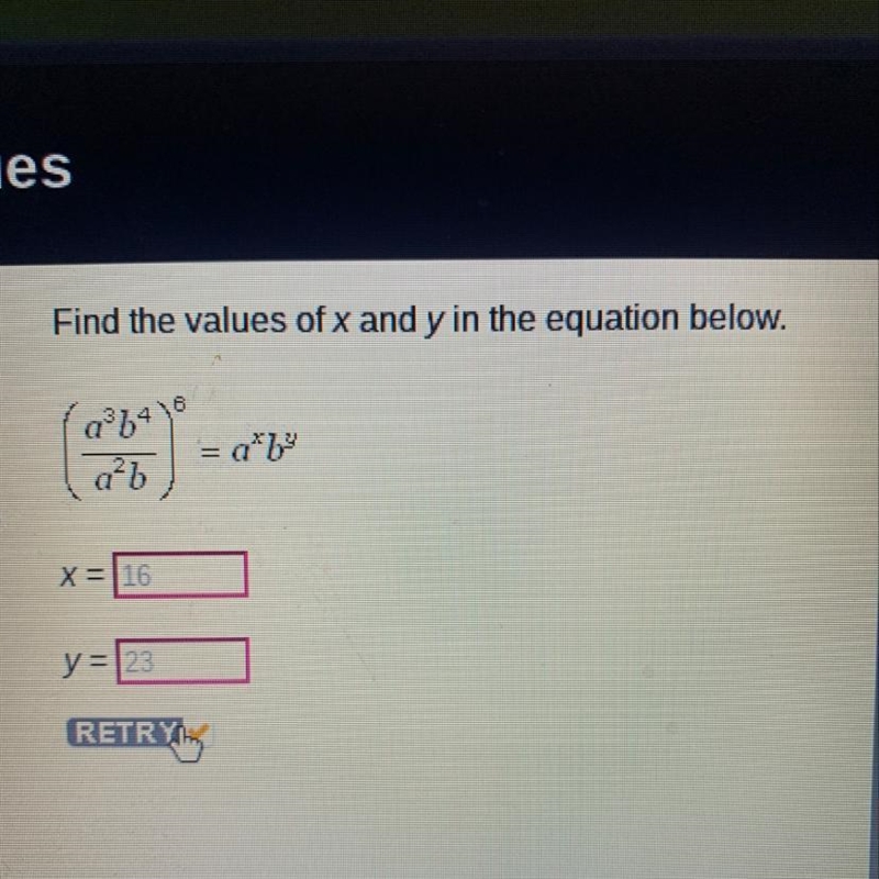 Find the values of x and y in the equation below.-example-1