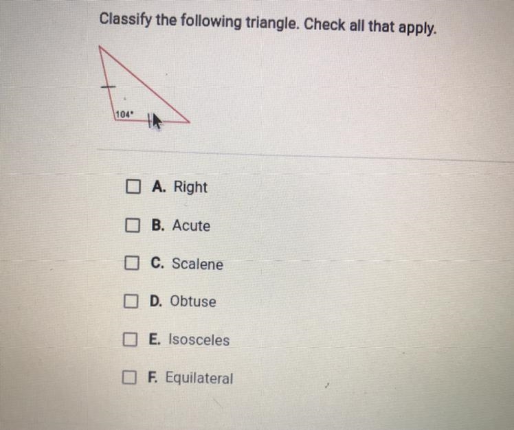 Classify the following triangle. Check all that apply.-example-1