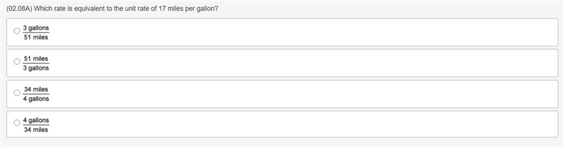 Which rate is equivalent to the unit rate of 17 miles per gallon?-example-1