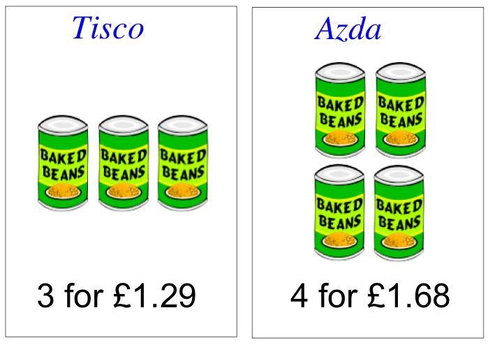 Two shops, Tisco and Azda, sell the same brand of baked beans with the following deals-example-1