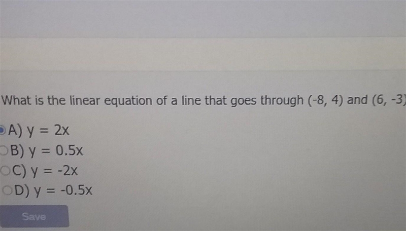 What is the linear equation of a line that goes through (-8,4) and (6,-3)​-example-1