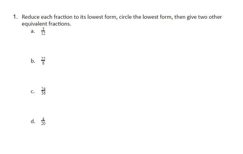 Reduce each fraction to its lowest form, circle the lowest form, then give two other-example-1