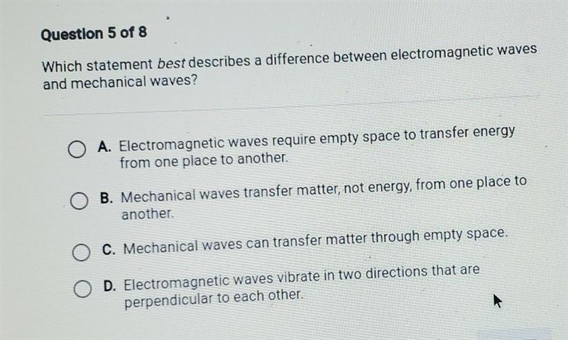 Which statement best describes a difference between electromagnetic waves and mechanical-example-1