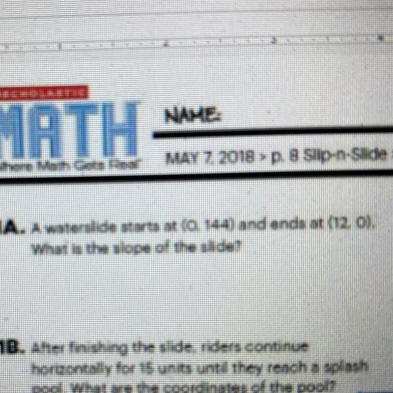 A water slide starts at (0,144) and ends at (12,0) what is the slope of the slide-example-1