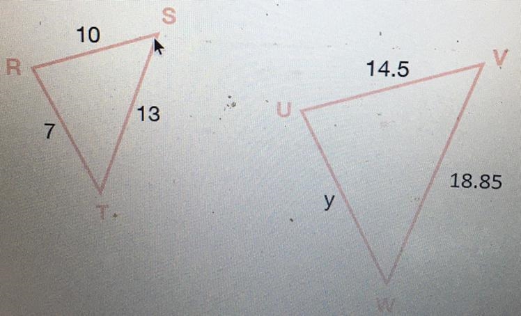 NEED HELP ASAP! Triangles RST and UVW are similar. Find the missing side y? A.) 10.965 B-example-1