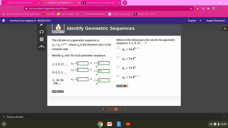 Which of the following is the rule for the geometric sequence 1, 3, 9, 27, . . .?-example-1