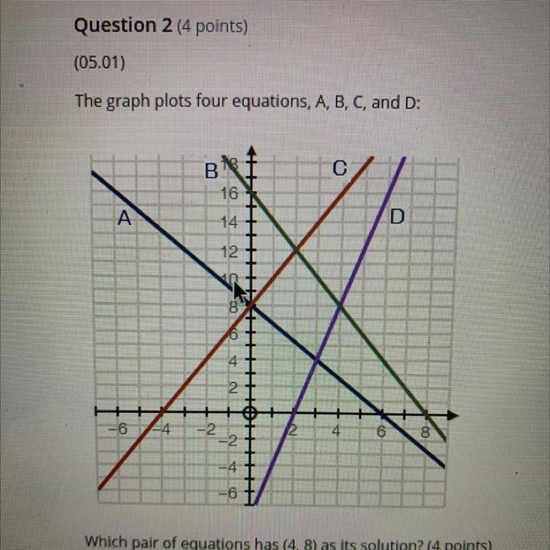 The graph plots for equations, a,b,c, and d: which pair of equations have (4,8) as-example-1