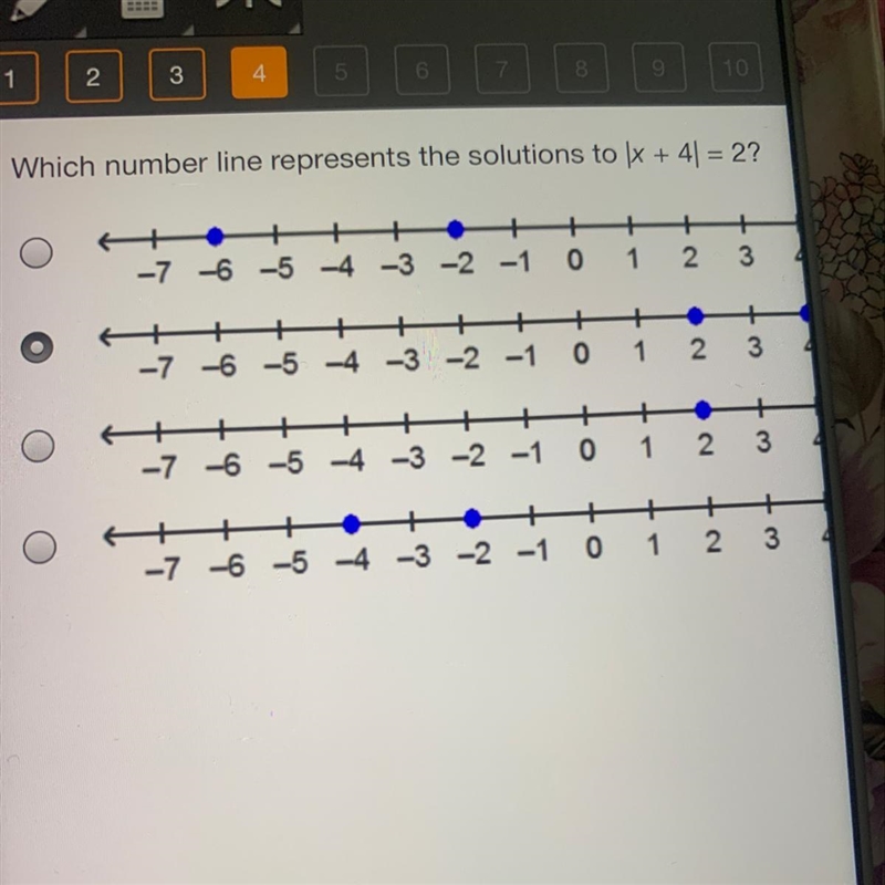 Help ASAP !!!!! Which number line represents the solutions to \x + 4) = 2? + + -7 -6 -5 -4 -3 -2 -1 0 1 2 3 + + 0 1 2 3 -7 -6 -5 -4 -3 -2 -1 1 2 3 -7 -6 -5 -4 -3 -2 -1 + 1 2 3 О-example-1