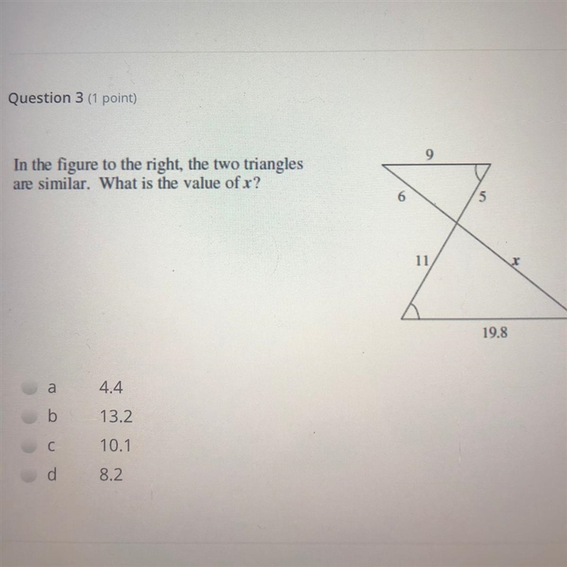 9 In the figure to the right, the two triangles are similar. What is the value of-example-1