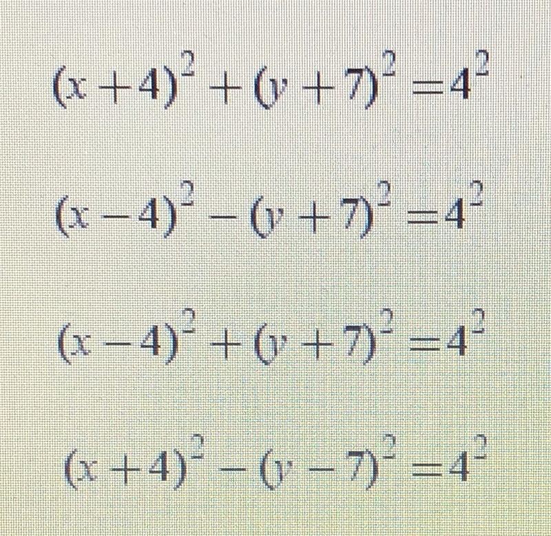 A circle has a center at (4, -7) and a radius of 4 units. Write the equation of the-example-1