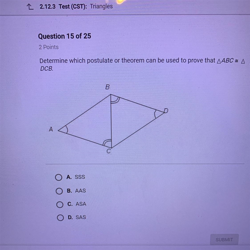 Determine which postulate or theorem can be used to prove that ABC = DCB. Pls answer-example-1