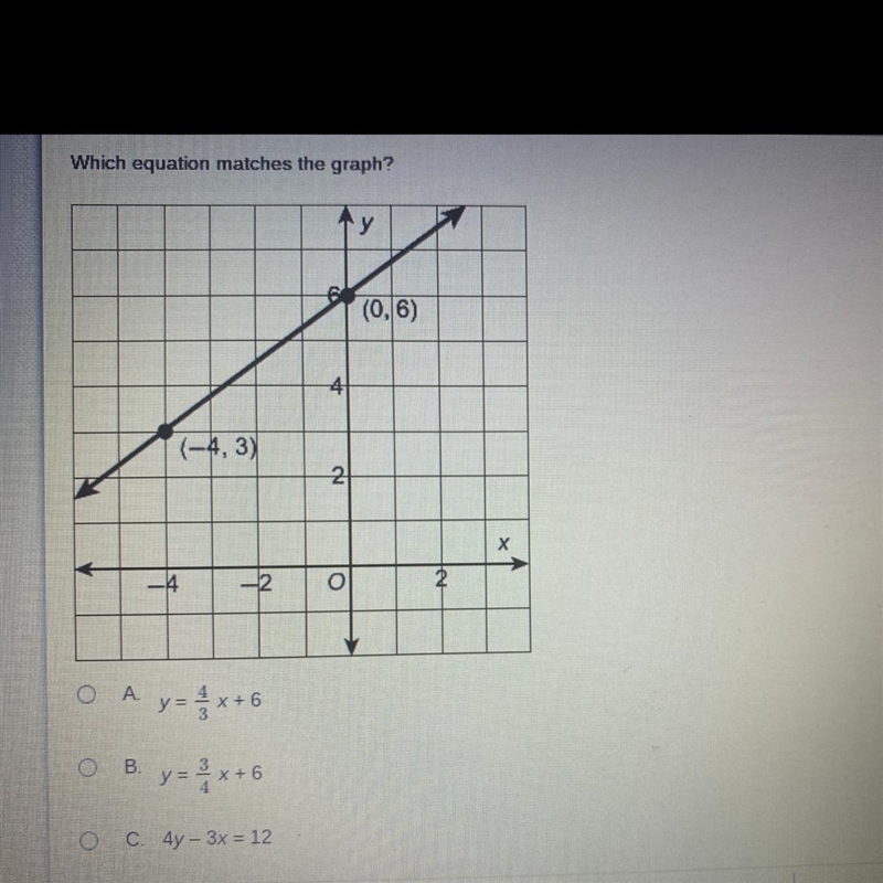 Which equation matches the graph A.y=4/3x+6 B.y=3/4x+6 C.4y-3x=12 D.3x-4y=12-example-1