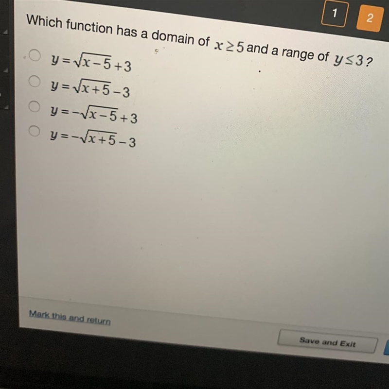 Which function has a domain of x 25 and a range of y s3?-example-1