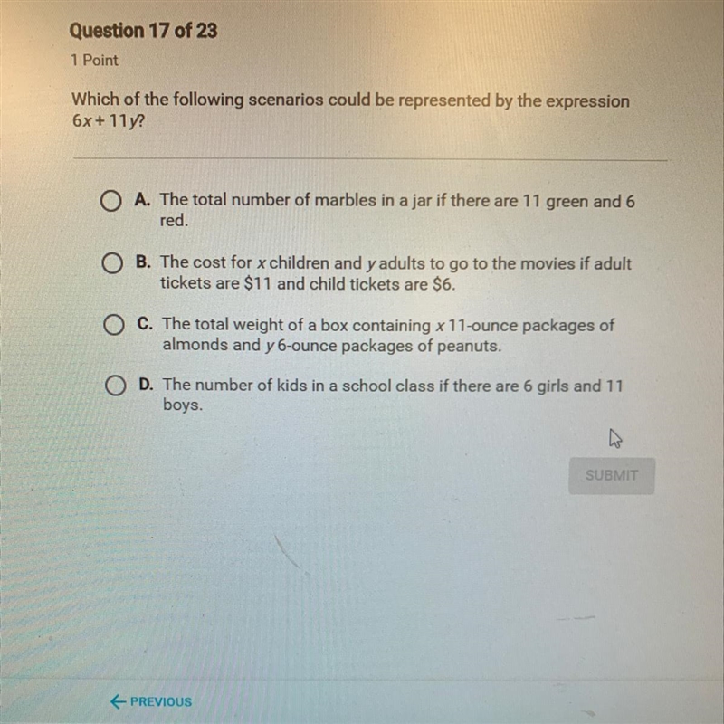 Which of the following scenarios could be represented by the expression 6x + 11y?-example-1