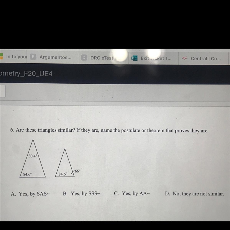 6. Are these triangles similar? If they are, name the postulate or theorem that proves-example-1