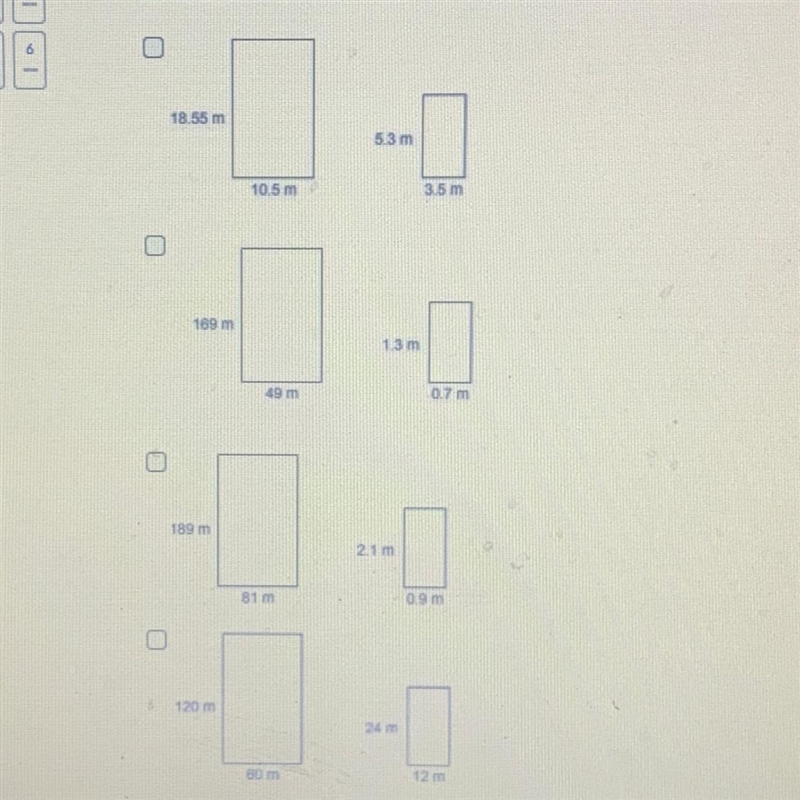 Which pairs of rectangles are similar polygons? Select each correct answer.-example-1