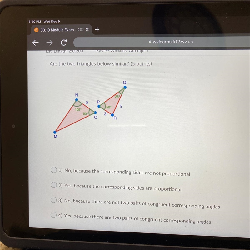 Are the two triangles below similar?-example-1