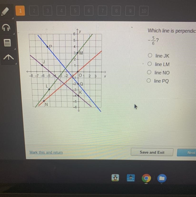 Which line is perpendicular to a line that has a slope of -5/6?-example-1