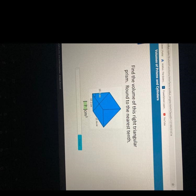 Find the volume of this right triangular prism. Round to the nearest tenth. 10.2 cm-example-1