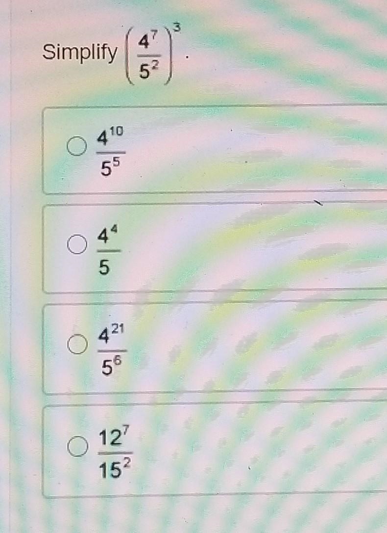 Simplify (4^7/5^5)^3 ​-example-1