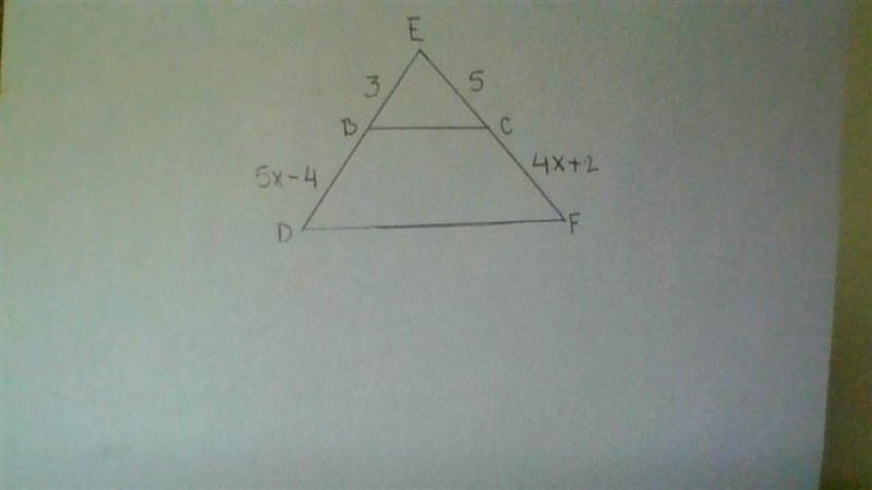 Find the lengths of DE and EF. Note: Segments BC and DF are parallel. A) DE = 7 cm-example-1