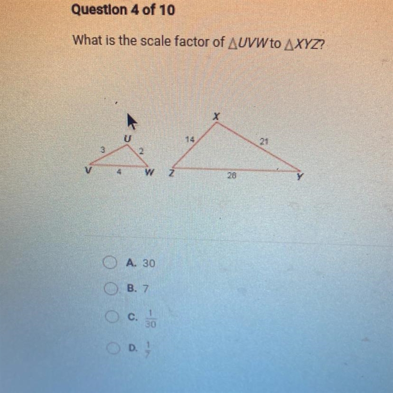 What is the scale factor of AUVWto AXYZ?-example-1