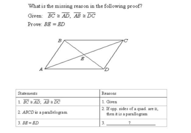 Answer: A) Diagonals of a parallelogram bisect each other B) Opposite sides of a parallelogram-example-1