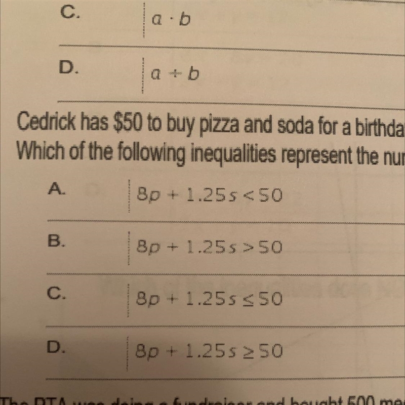 Cedrick has $50 to buy pizza and soda for a birthday party. Each pizza, p, costs $8 and-example-1