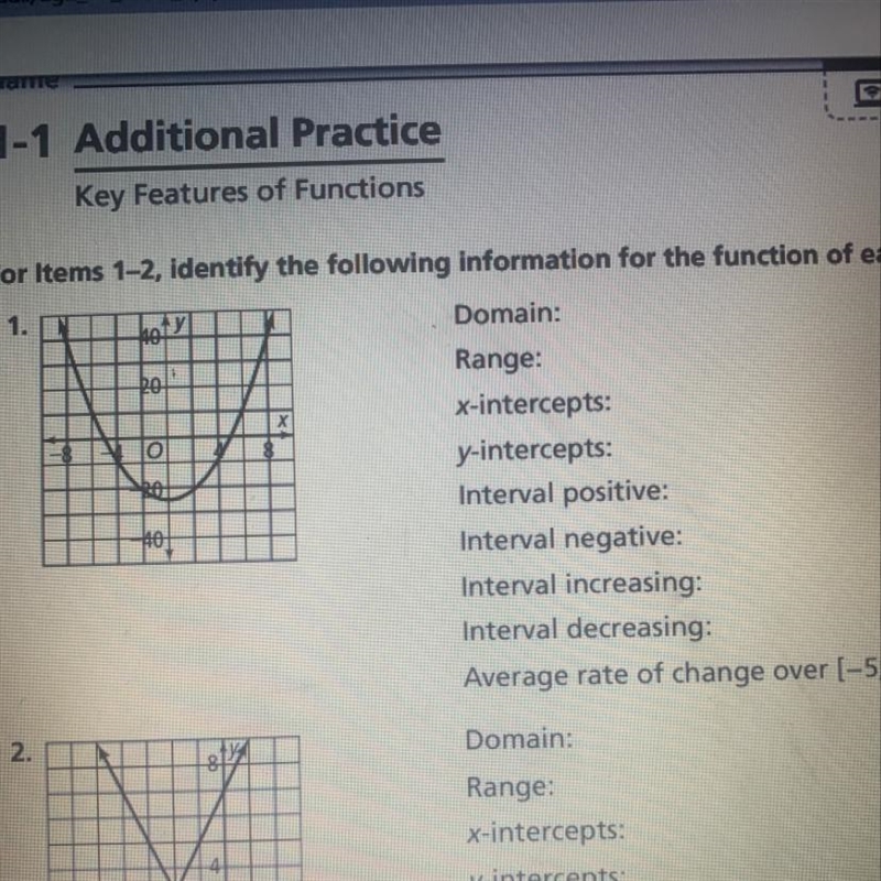 For items 1-2, identify the following information for the function of each graph-example-1