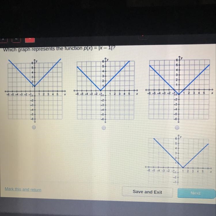 Which graph represents he function p(x) = |x - 1|?-example-1