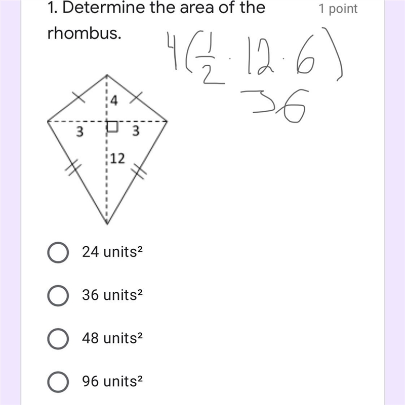 Determine the area of the rhombus base 6 height 4-example-1