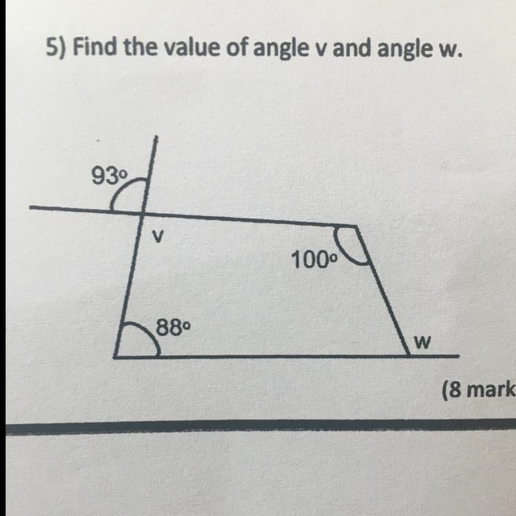 5) Find the value of angle v and angle w.-example-1