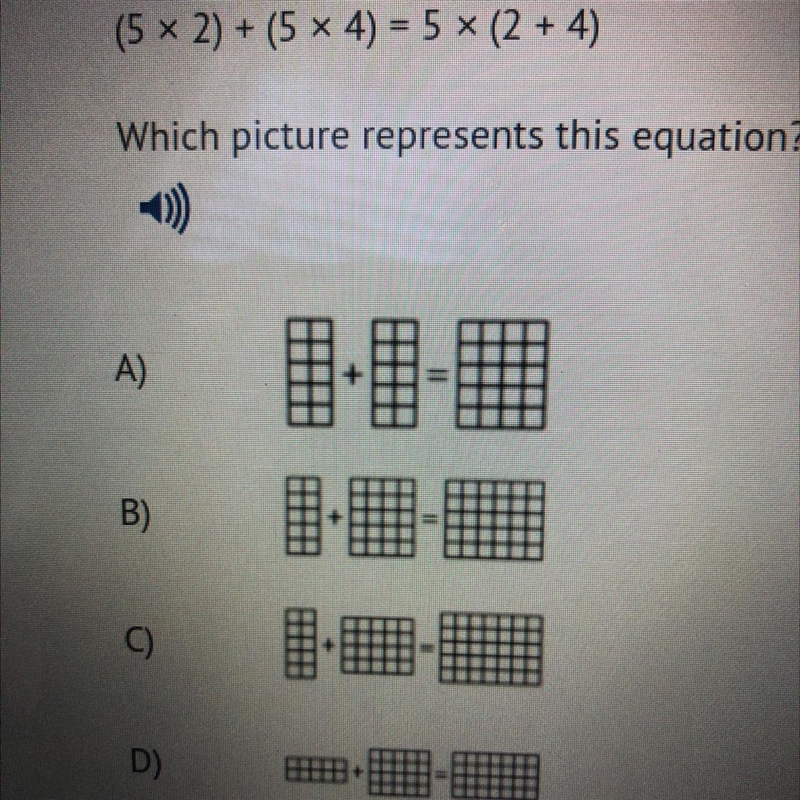 (5 x 2) + (5 x 4) = 5 x (2 + 4) Which picture represents this equation?-example-1