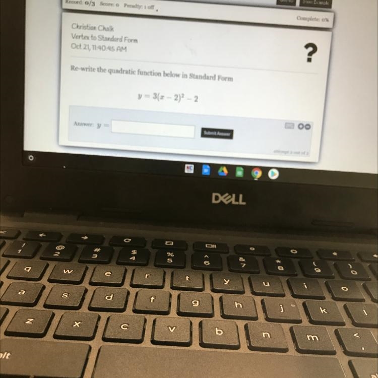 Re-write the quadratic function below in Standard Form y = 3(x - 2)2 – 2 Answer: Y-example-1