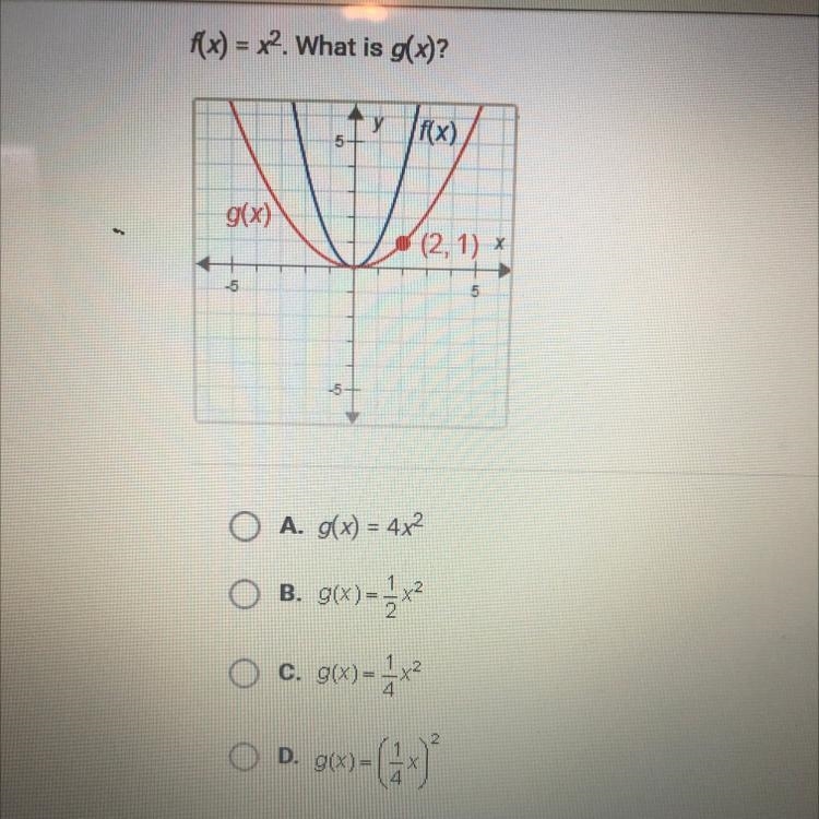 O A. g(x) = 4x^2 O B. g(x)=2x^2 C. g(x)= 1/4^2 O D. g(x)= (1/4x)^2-example-1