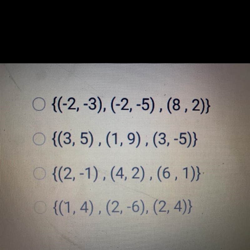 Which of the following set of ordered pairs is a function?-example-1