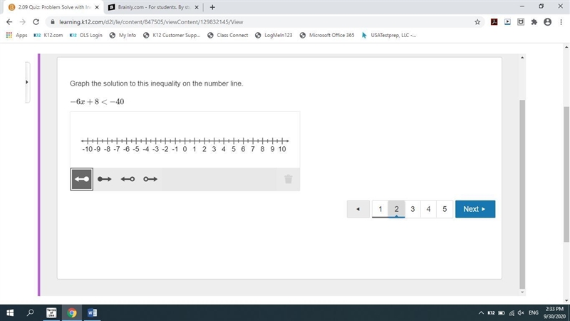 Graph the solution to this inequality on the number line. −6x+8<−40-example-1