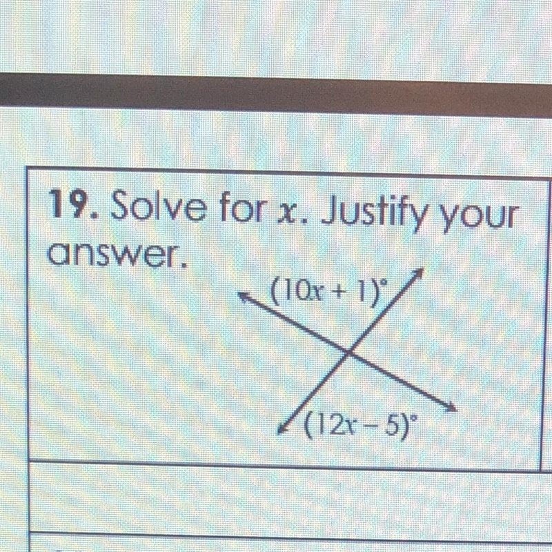 Solve for x. Justify your answer. . (10x + 193) (12x - 5)-example-1