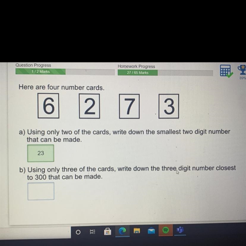 Here are four cards 6 2 7 3 how do i solve the second question?-example-1