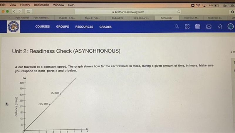 A. The point (3.5, 210) is on the graph. Explain what this means in terms of the car-example-1