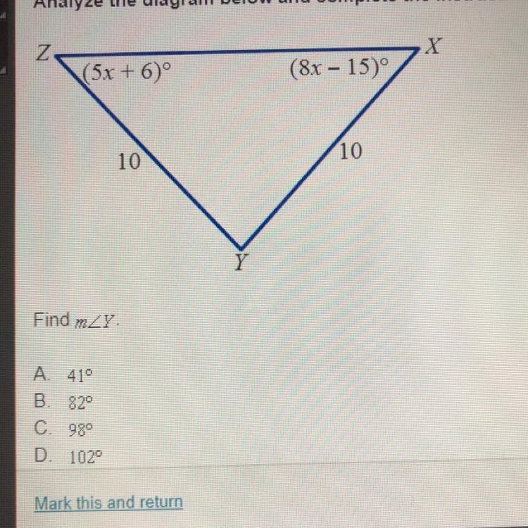 Find m angle Y A.41° B.82° C. 98° D. 102°-example-1