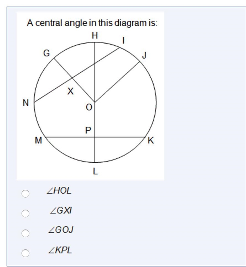 A central angle in this diagram is?-example-1