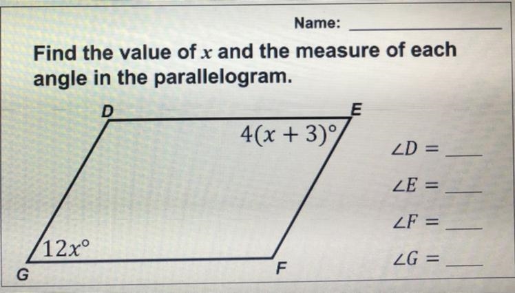 Find the value of x and the measure of each angle in the parallelogram-example-1