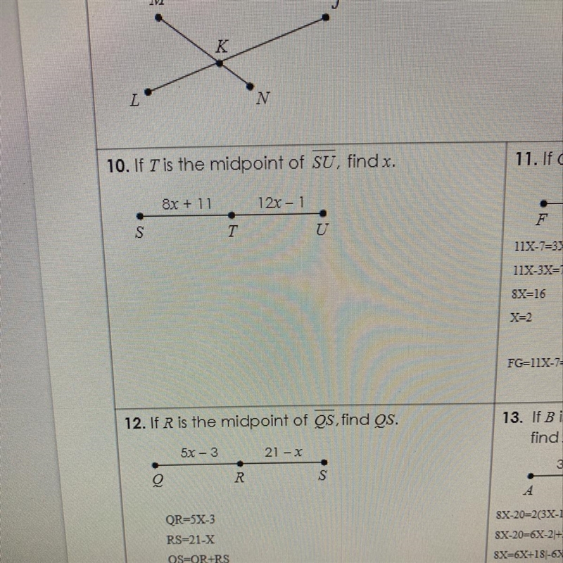 10. If I is the midpoint of SU, find x. 8x + 11 12x - 1 S T U-example-1